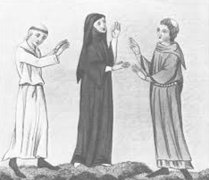Late medieval nun with two monks