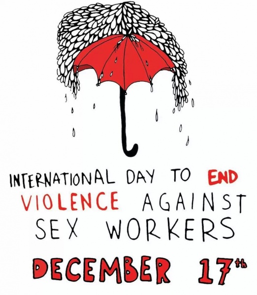 Red umbrella with slogan: International Day to End Violence Against Sex Workers December 17th'