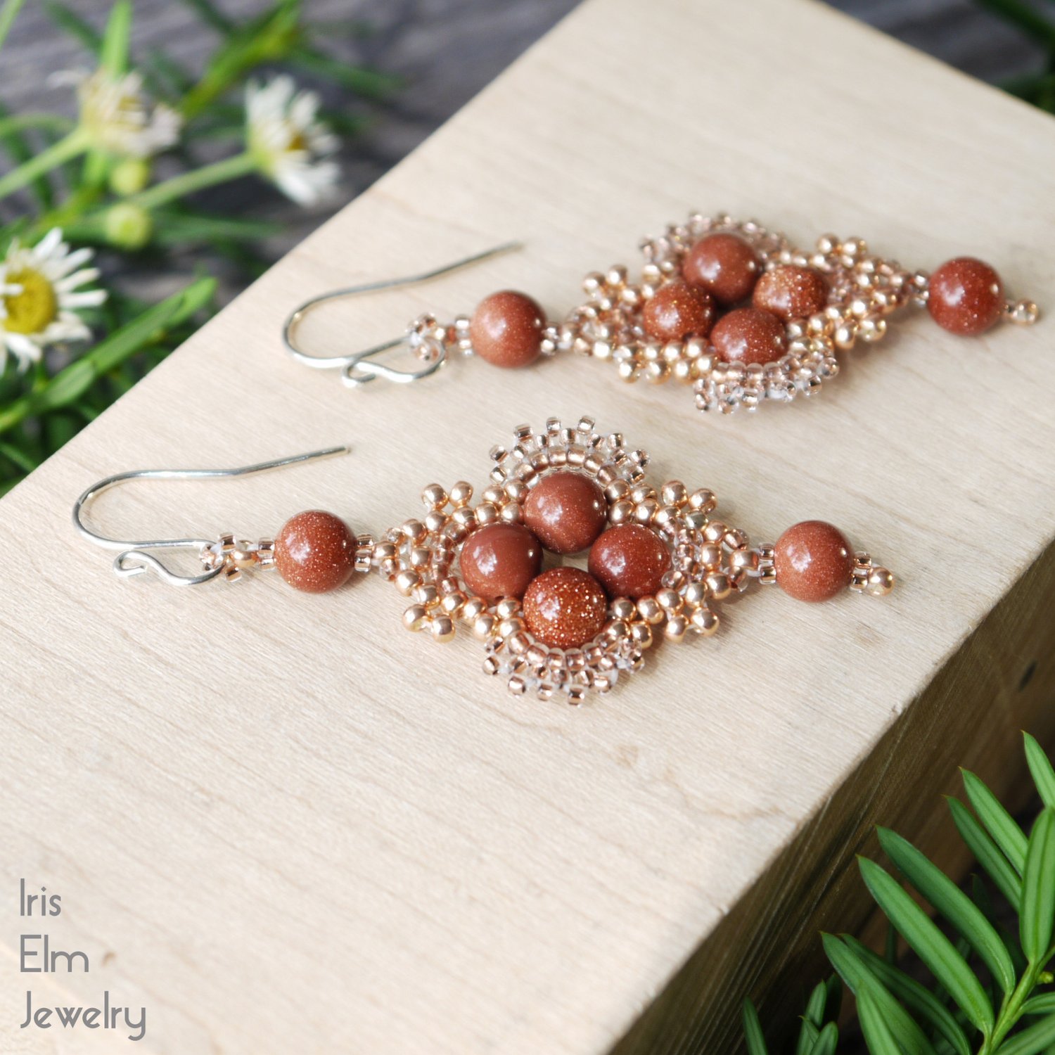 BoHo Copper Flower Dangle Earrings Glass Beads