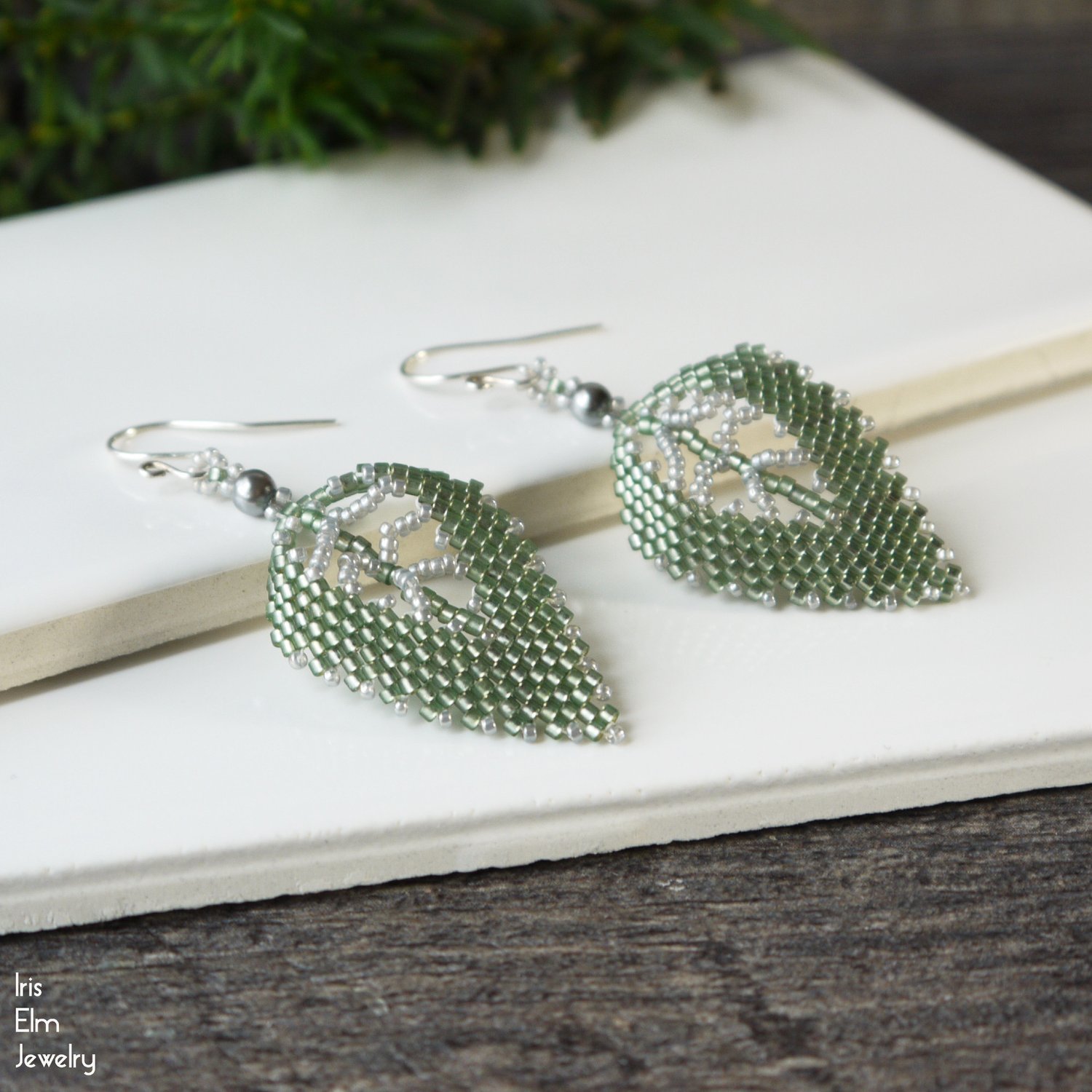 Light Green Glass Beaded Seed Bead Leaf Earrings - Iris Elm Jewelry