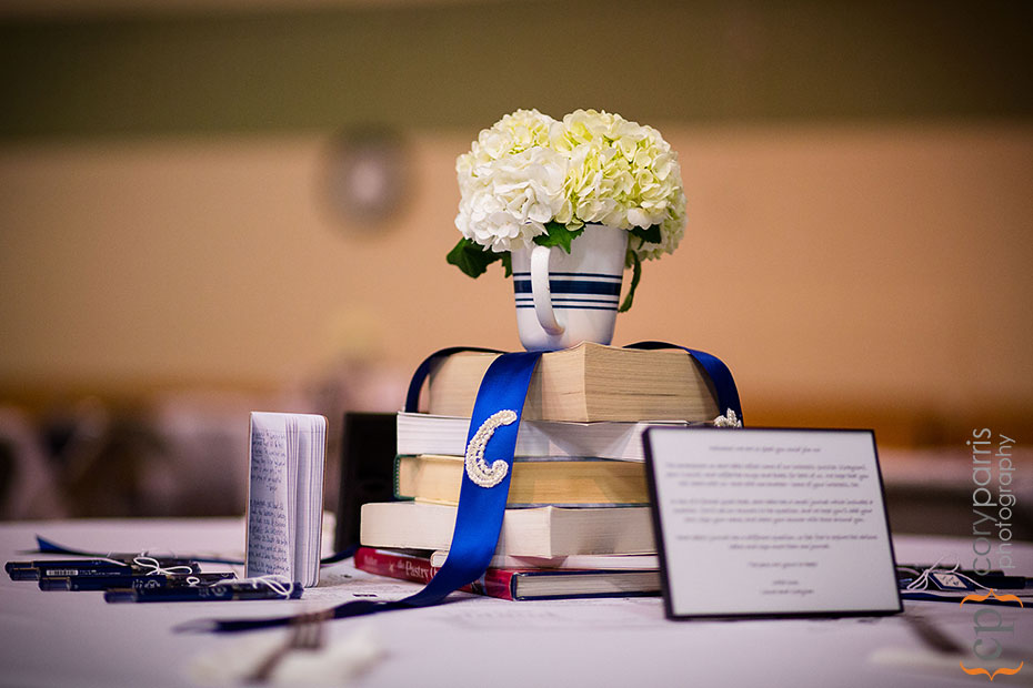 teacups and books for wedding centerpiece