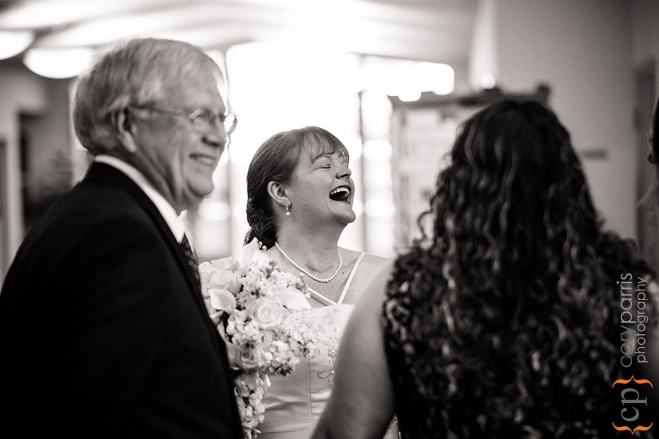 Bride laughing after wedding