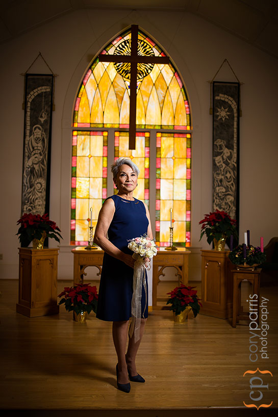 stained glass window bridal portrait