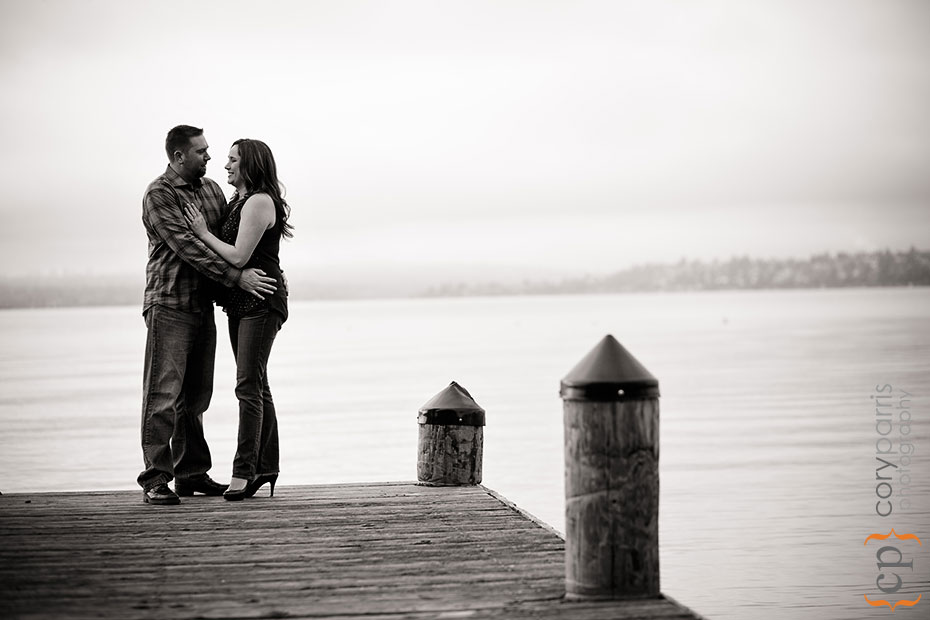 engagement portrait on a dock on Lake Washington