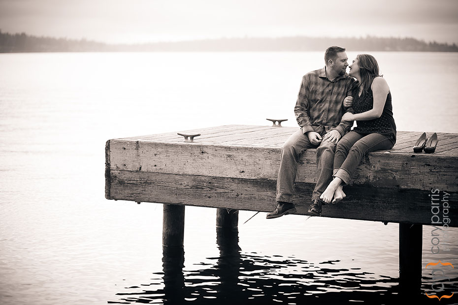 engagement portrait on a dock on Lake Washington