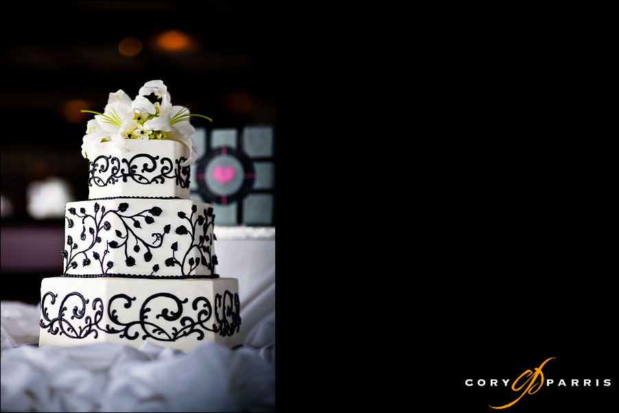 wedding cake in the window light of semiahmoo resort by seattle wedding photographer cory parris