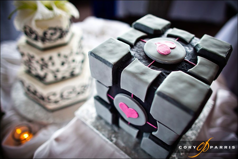 Scott's Groom cake is in the shape of a Companion Cube from the video game Portal
