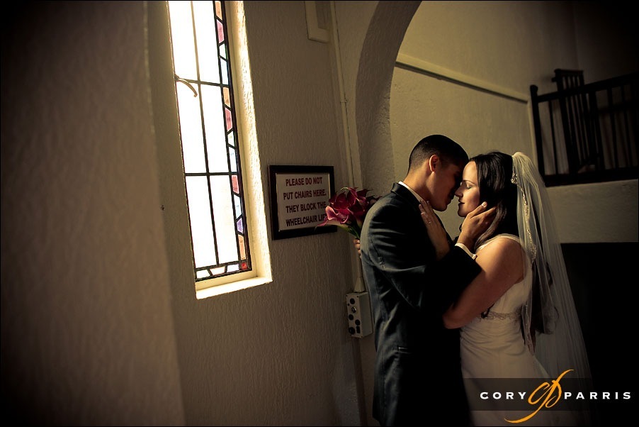 couple kissing after their wedding at the main post chapel at Fort Lewis
