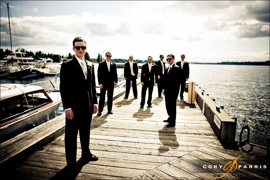 groomsmen on the dock at woodmark hotel by kirkland wedding photographer cory parris