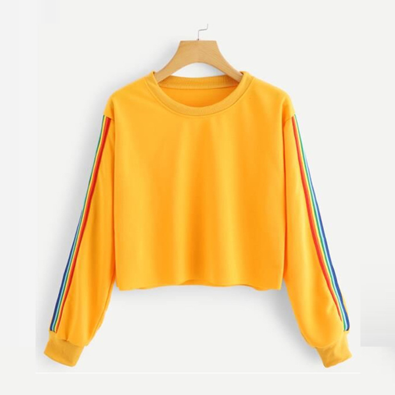 Long Sleeve Crop T-shirt Rainbow Color Stripes Printed Casual Swirl Crop Top