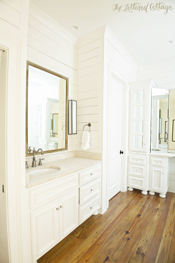 Traditional-Bathroom-White-Cabinetry-Wood-Wall-The-Lettered-Cottage
