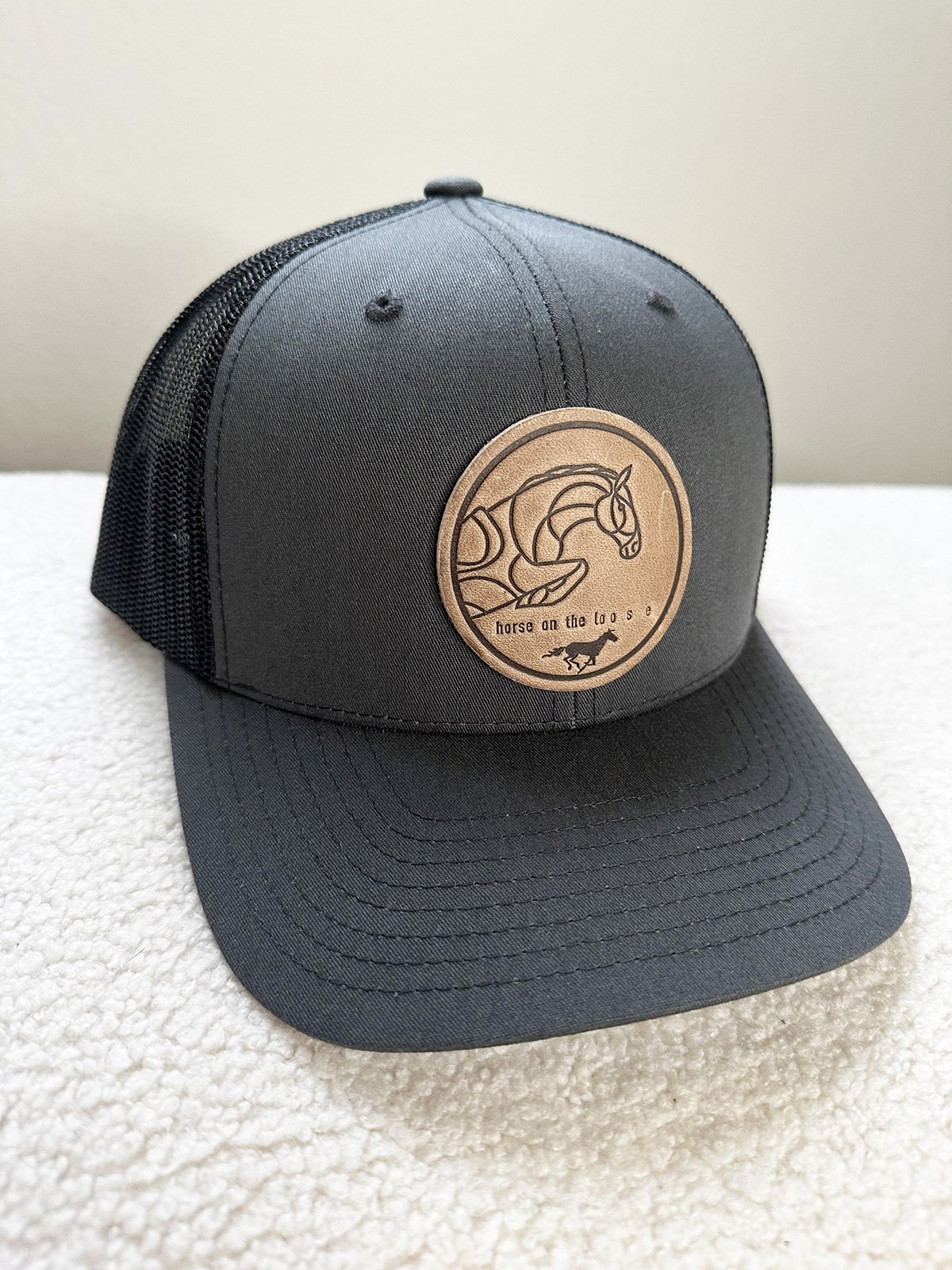 Leather Patch Baseball Cap Grey — horse on the loo s e 