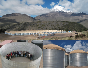 Representación de cómo se verá el observatorio el próximo año. En la esquina inferior izquierda se muestra a un grupo de investigadores dentro de los tanques de 4 metros de alto. (página oficial del HAWC y Nature).