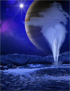Representación artística de las columnas de vapor de agua que se cree son arrojadas desde la superficie de Europa, uno de los satélites de Júpiter. (Tomada de la nota fuente. Creditos: NASA/ES/K. Retherford/SWRI).