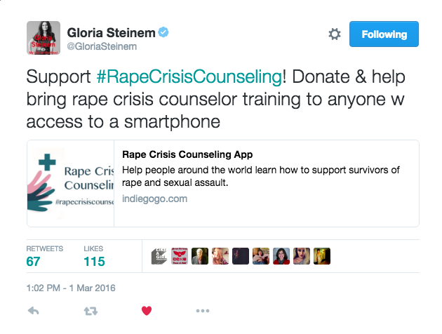 Rape Crisis Counseling App Social Media Update - Gloria Steinem posts about our project on Twitter (www.codeinnovation.com)