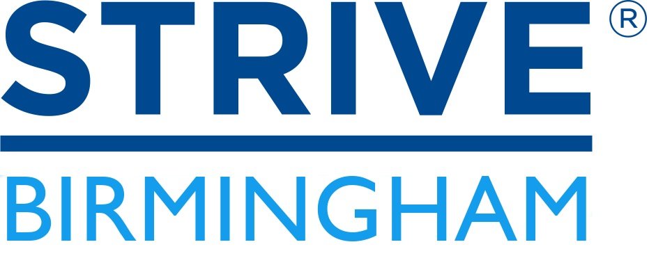 A blue and white logo for STRIVE Birmingham