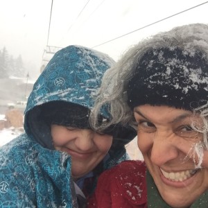 My daughter and I riding the Cabriolet in a snowstorm