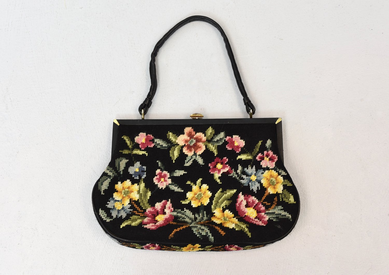 Reversible Purse, 1950s Tapestry & Black Patent Leather Handbag