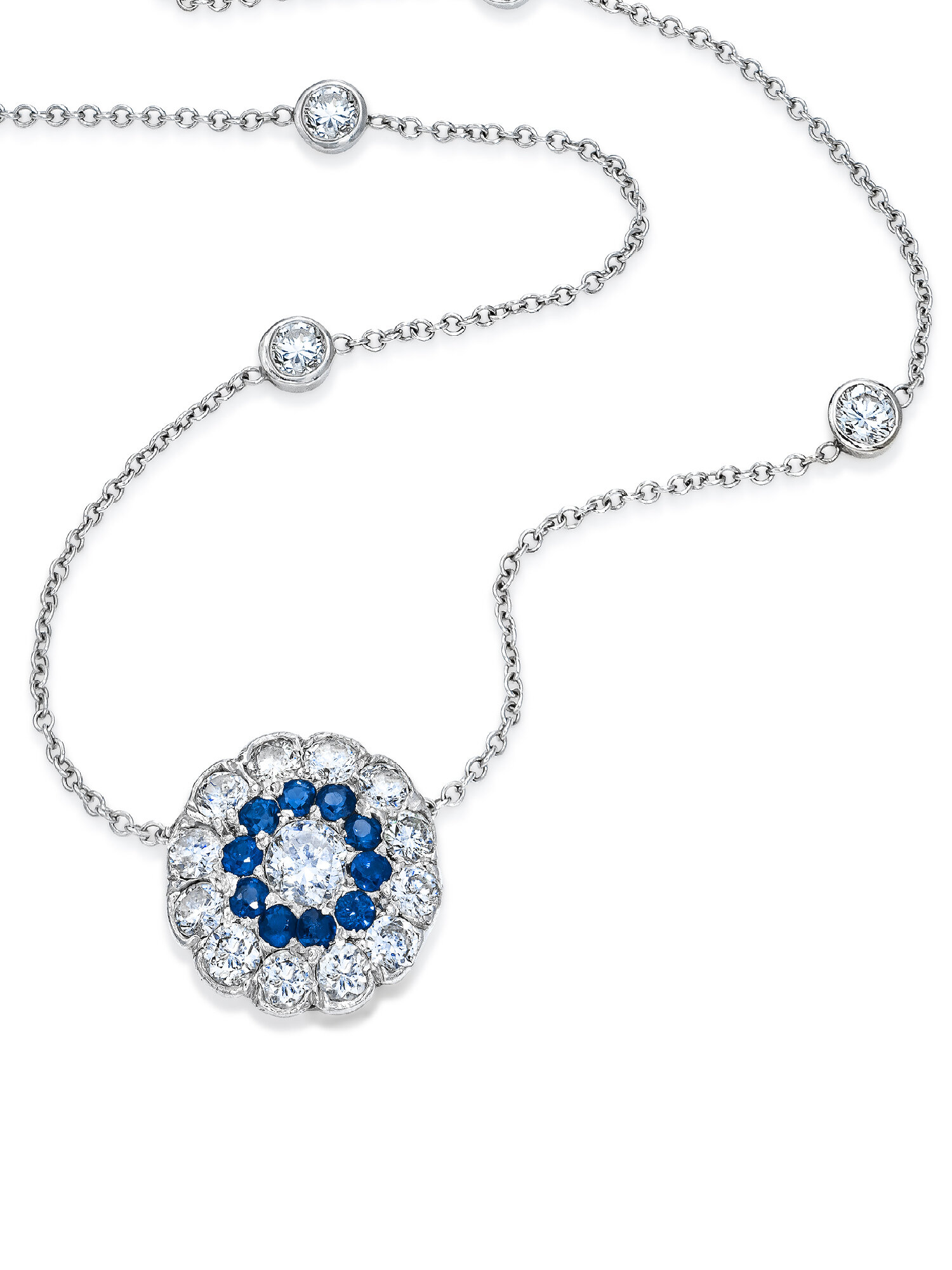 925 Sterling Silver Blue Sapphire Halo Cluster Pendant Necklace