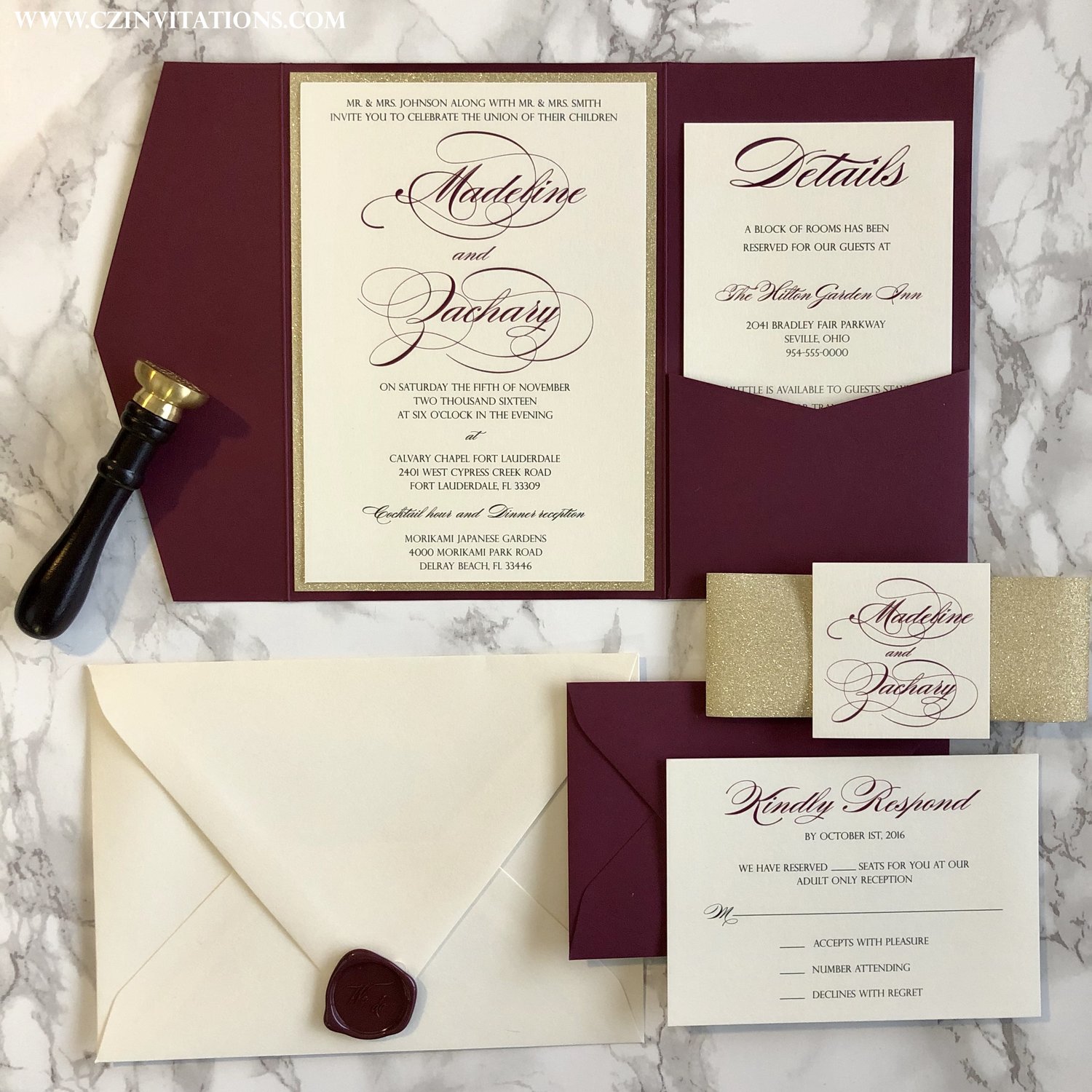 CELIA Style Name Printable or Printed Gold Burgundy Diamond Dust Glitter Ombre Wedding Invitation /& Rsvp Postcard Glitz Bling Marsala