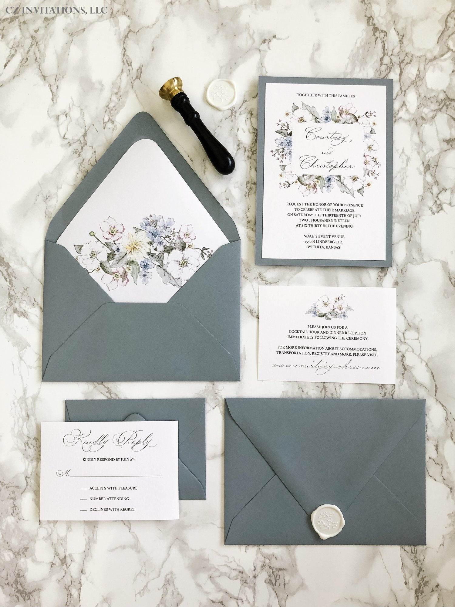 Dusty Blue and Floral Wedding Invitation — CZ INVITATIONS