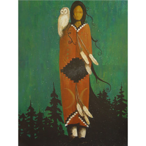 Wise Woman 8 1/2 x 11 Print Native American Shaman Owl Sacred Woman Wisdom Great Spirit Feather Stars Snow Redwood Trees