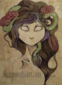 Le SerpentMichelle M McNerlinWatercolor and ink on coffee stained watercolor paper5” x 7” ABOUT THE ARTISTMichelle McNerlin was born and raised just outside of Chicago, where at an early age she discovered a passion for drawing women and fantasy. She is a self taught artist, working primarily in watercolor and ink and more recently, acrylic. The Divine Feminine has always been a source of strength for her, who has sought to capture its emotion and to see what truly exists at its core. Website:http://www.bleumorphoart.com/
