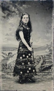 ca. 1860-80’s, [tintype portrait of a woman in unusual costume, possibly for a Wild West show, with a bow and arrow] via Ebay