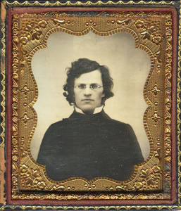 ca. 1859, [daguerreotype portrait of a bespectacled gentleman, handwritten on verso: “Present from dear George”] via the Metropolitan Museum of Art, Photography Collection
