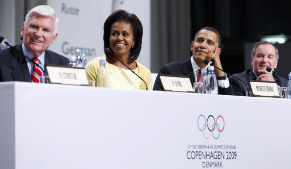 Left to right at the IOC session in Copenhagen in October 2009: Chicago 2016 bid chair Pat Ryan, First Lady Michelle Obama, President Obama, then-Chicago Mayor Richard M. Daley // Getty Images