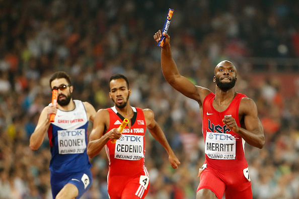 Lashawn Merritt anchors the U.S. team to relay gold at the 2015 world championships in Beijing // Getty Images 