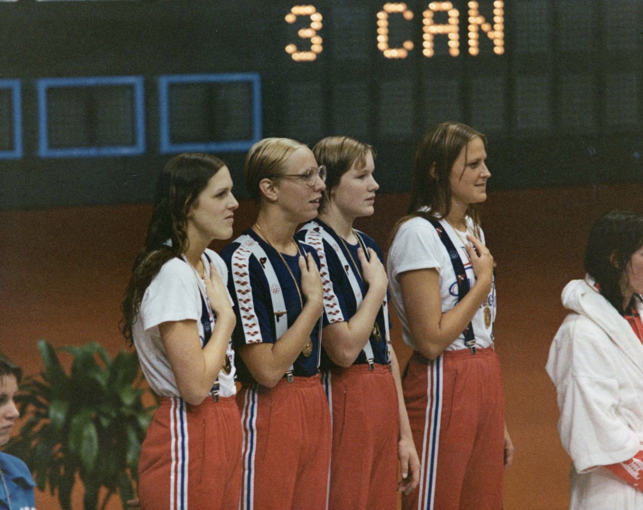 On the medals stand in Montreal: left to right, Kim Peyton, Boglioli, Sterkel, Babashoff // The Last Gold via USOC archives