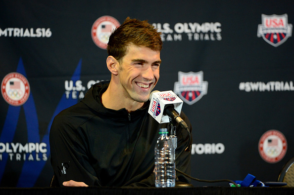 Phelps with the press here in Omaha // Getty Images 