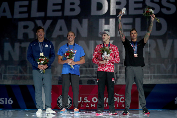 Left to right: Nathan Adrian, Caeleb Dressel, Ryan Held, Anthony Ervin, 1-2-3-4 in the men's 100 free 