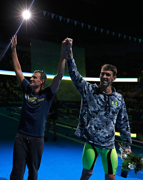 Michael Phelps, right, and Ryan Lochte after the men's 200 IM victory ceremony // Getty Images 