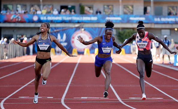 At the line, left to right: Gardner, Bartoletta, Bowie // Getty Images