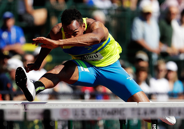 Jeremy Taiwo during the men's 110 hurdles in the decathlon // Getty Images 
