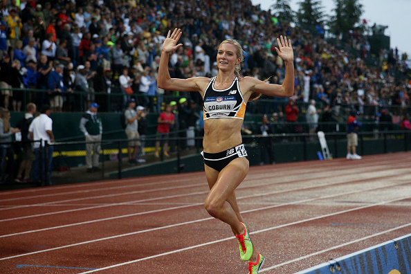 Emma Coburn crossing the line in the steeplechase // Getty Images 