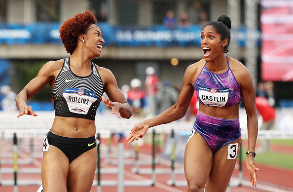 Brianna Rollins, left, and Kristi Castlin in the instant after crossing the line in the 100 hurdles final at Hayward Field // Getty Images