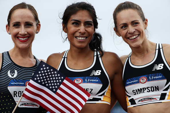 Left to right: Shannon Rowbury, Brenda Martinez, Jenny Simpson after the 1500 // Getty Images