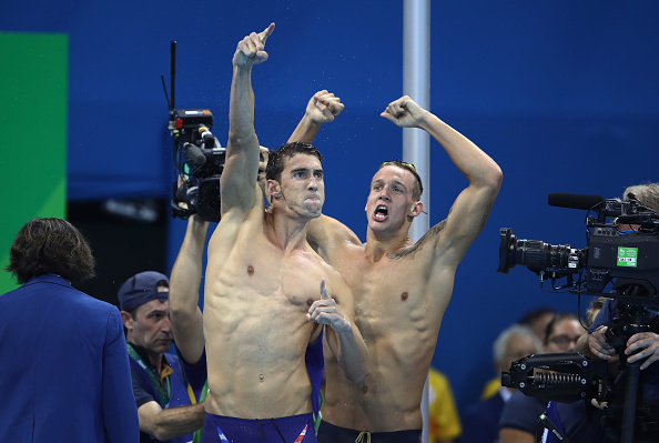 The 2016 version of the 2008 Phelps victory roar, with Caeleb Dressel making like Garrett Weber-Gale // Getty Images