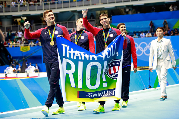 From left, Nathan Adrian, Ryan Murphy, Michael Phelps, Cody Miller after the medley relay // Getty Images