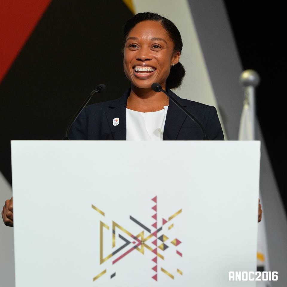 Allyson Felix at the lectern // ANOC and LA 24