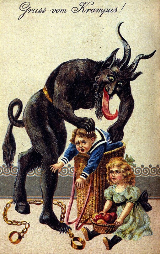 Illustration of Krampus, a goat demon with a long tongue, putting a crying boy into his basket. A girl with a basket of fruit sits nearby. Text above the image reads "Gruss vom Krampus!"