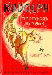 Book cover showing Rudolph leading a team of reindeer pulling Santa's sleigh.