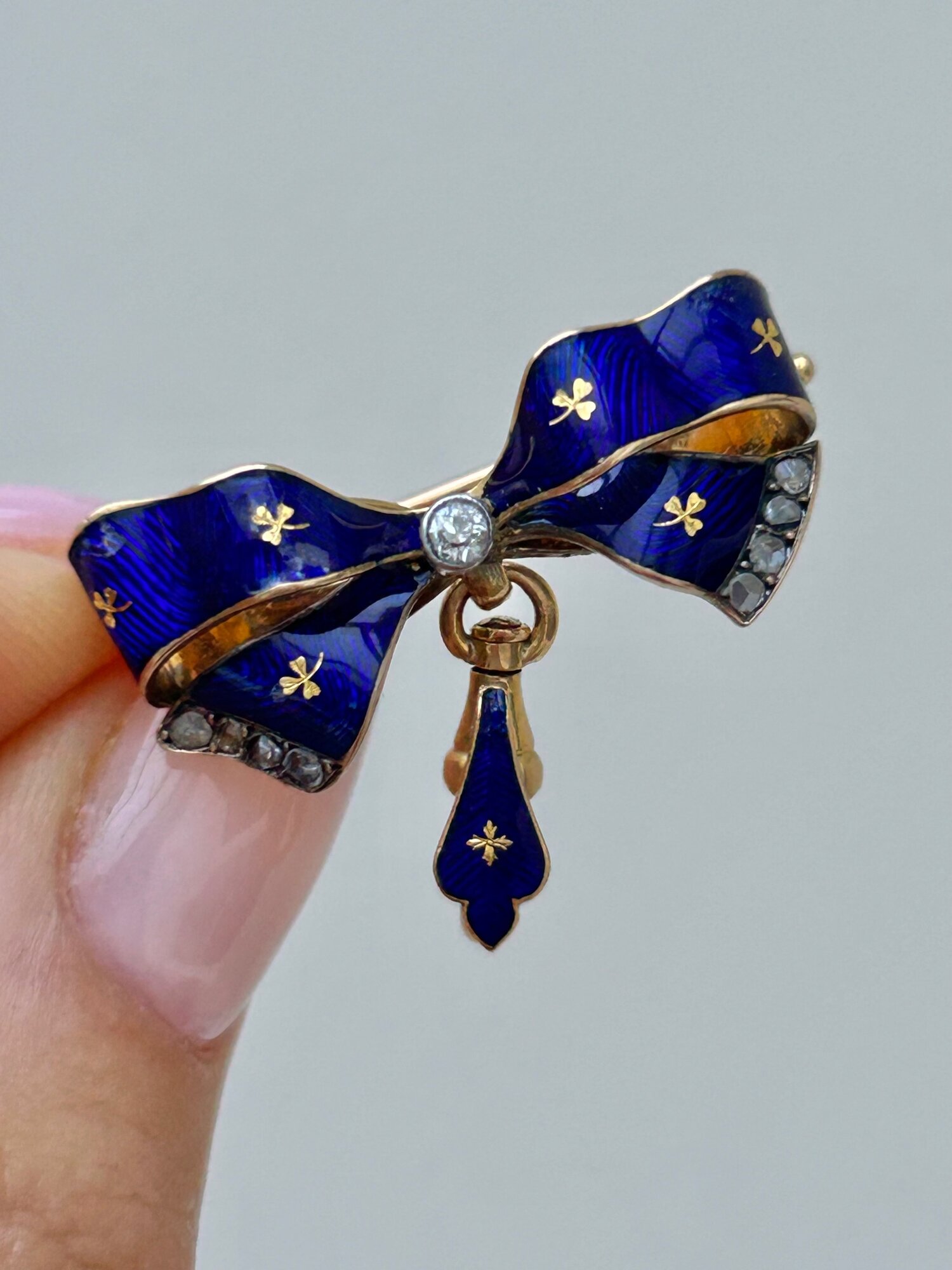 Antique Diamond and Blue Enamel Bow Brooch with DogClip for Charms