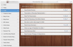 Wunderlist displays your various to-do lists on the left-hand side