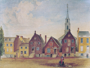 Pearl Street, Albany, NY, ca. 1800. Note the more urban clustering of buildings. Of the Dutch-built buildings, the narrowest side of the buildings faced the street, not the widest side as in Statia.