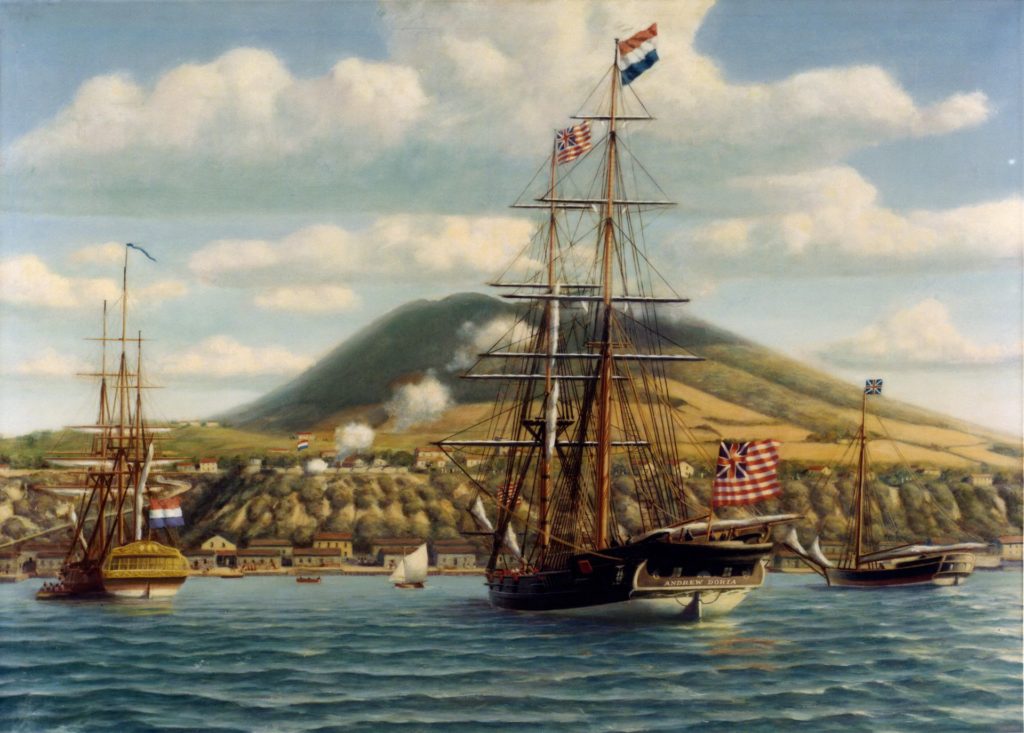 The "First Salute" fired by Fort Oranje to welcome the Andrew Doria to Sint Eustatius, November 16, 1776