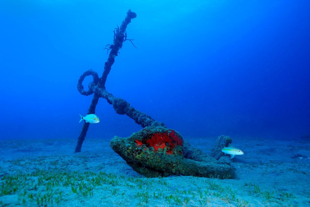 This is one of two anchors at the Double Wreck reef in Statia's Marine National Park. They call the site double wreck because the reef grew on top of the ballast stones created by two ship wrecks, one Dutch and one English. The anchor in the picture is of the English anchor. Photo courtesy of Statia Tourism.